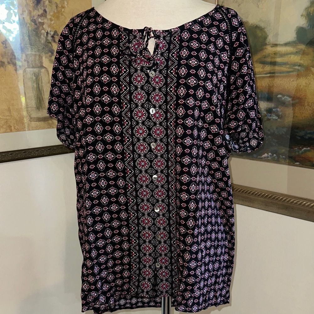 TOP - J. Jill Geometric Medallion Print Split-Neck Boho Style Blouse Size XL